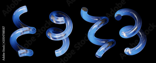 Blue glass curved tubes abstract set on black background