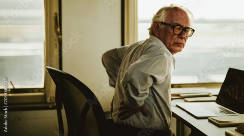 Senior man leaning back with hand on lower back for office ergonomics, healthcare awareness campaigns and occupational therapy concepts in a natural home office setting
