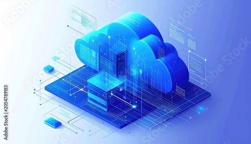 Isometric illustration of a cloud-shaped structure with server components, a connecting grid, and data streams, all in shades of blue
