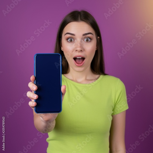 Surprised young woman showing a smartphone with blank screen for mobile fintech, consumer app discovery and e-commerce marketing on purple background