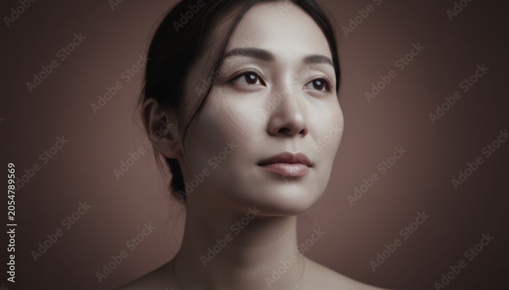 Fototapeta premium Portrait of a beautiful Asian woman with an upward gaze and calm expression for skincare advertising, wellness branding and beauty salon marketing on a mauve background