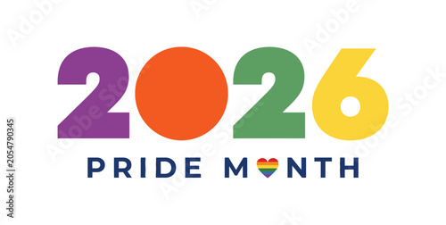 Colorful 2026 pride month typography design with rainbow heart symbol on white background