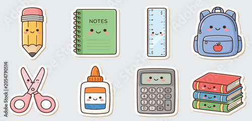 Cute Kawaii School Supplies Sticker Set – Adorable Back to School Cartoon Characters with Happy Smiling Faces for Kids and Education Design