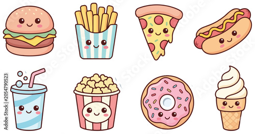 Kawaii Fast Food Sticker Pack Collection – Cute Cartoon Burger, Fries, Pizza, Hot Dog, Soda, Popcorn, Donut and Ice Cream Vector Set