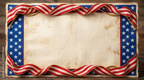 Vintage parchment paper with american flag border and patriotic ribbon