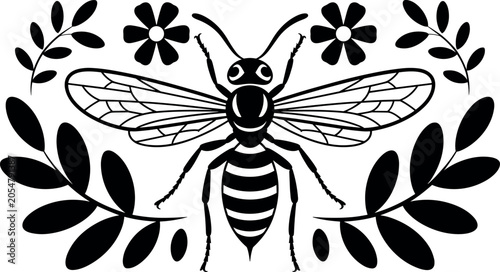 Quadro su tela Elegant black and white symmetrical wasp illustration hovering calmly amidst botanical leaves under bright studio light