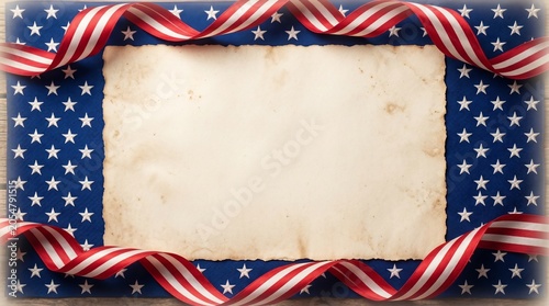 Old parchment paper with american flag ribbon and star background