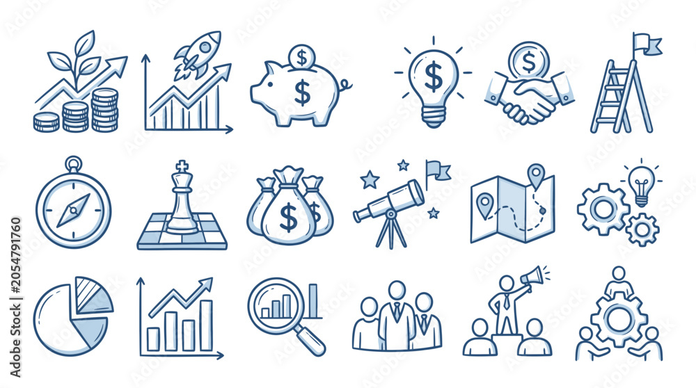 Fototapeta premium Business Growth and Success Icons: Finance, Strategy, Teamwork, Innovation