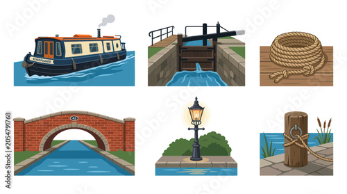 Schilderij op canvas Canal Boat, Lock Gate, Rope, Bridge, Lamp Post, Mooring Post - Pixel Art Collect