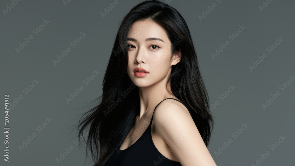 Naklejka premium Elegant Woman with Long Hair: A striking portrait of a young woman with flowing black hair and a contemplative expression, looking towards the viewer with captivating eyes.