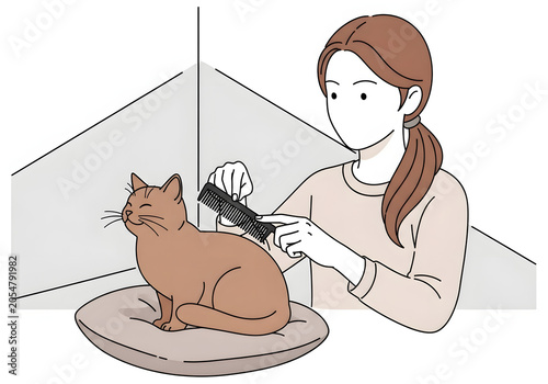 Woman Gently Brushing the Soft Fur of a Content Pet Cat Sitting Comfortably on a Cushion During Daily Grooming Session