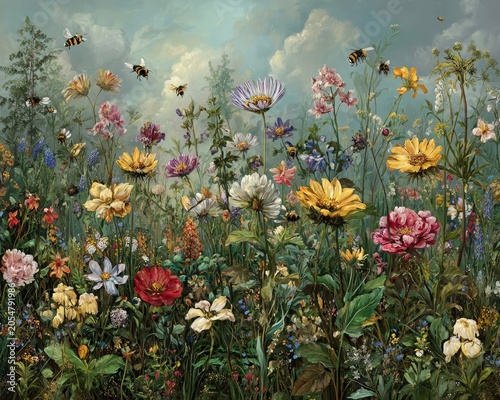 Spring meadow filled with diverse flowers and multiple bees pollinating, panoramic realism