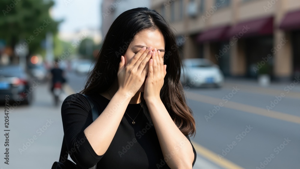 Fototapeta premium Tired Eyes on the Street: A young woman, appearing weary, rubs her eyes as she stands on a sun-drenched city sidewalk, a blurred urban backdrop of buildings and traffic suggesting a long day.