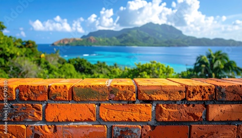 Red brick wall foreground, vibrant tropical island, turquoise ocean, blue sky