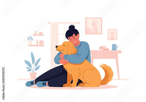 Happy Young Woman Sitting on the Floor Embracing Her Loyal Golden Retriever Dog Inside a Cozy Modern Living Room Home