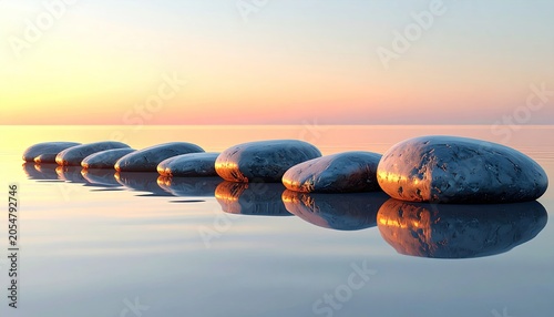 Seven smooth stones line up in calm water at a serene sunset