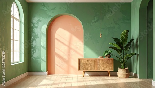 Vibrant room green and peach walls, archway, plant, cabinet, light