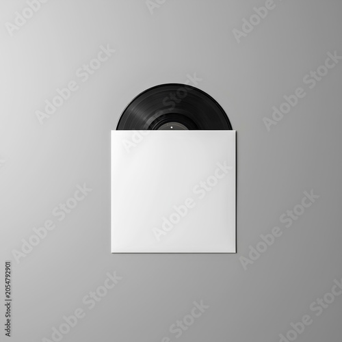 Blank white vinyl record sleeve and black LP - Minimalist retro music album cover template - Square presentation mockup