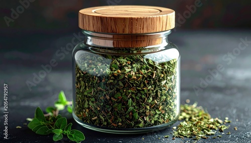 Glass jar filled with dried green herbs, topped with a wood lid, stands on a textured dark surface