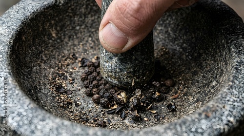 Close up view of hand grinding whole black peppercorns in stone mortar
