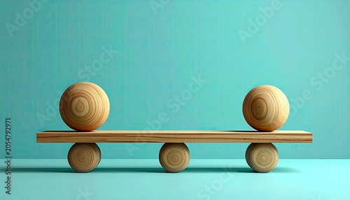 Wooden spheres and planks perfectly balanced on a teal background