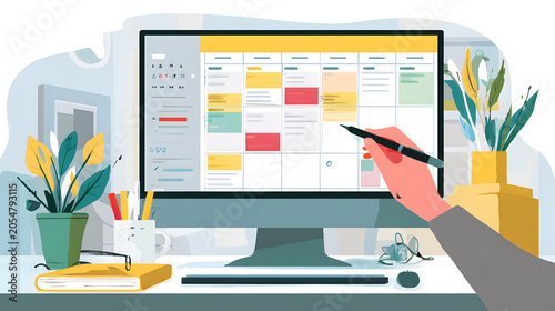 Hand using stylus on digital computer screen with calendar isolated on transparent background