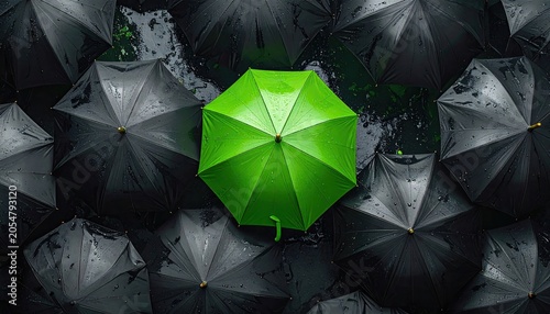 Bright green umbrella stands out among many wet black umbrellas