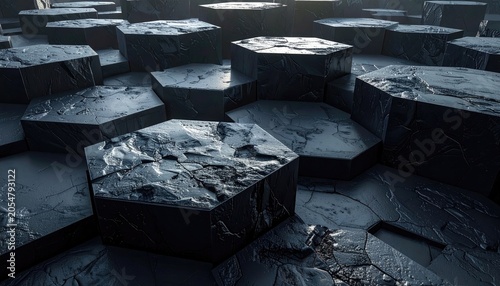 Dark, textured hexagonal blocks form an abstract, geometric field