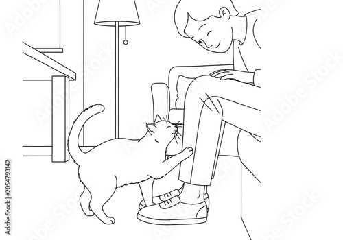 Line art illustration of a happy person sitting on a sofa while their affectionate cat rubs against their lower leg