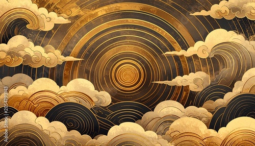 Stylized gold and black clouds, waves, and a hypnotic spiral sun