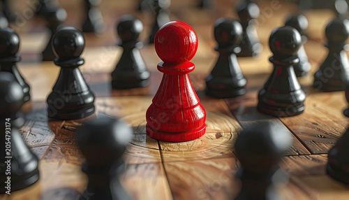 Central red pawn surrounded by black pawns on a wooden chessboard