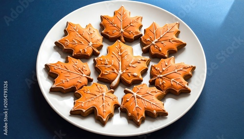 Eight leaf-shaped cookies with orange icing and white veins displayed on a white plate atop a dark blue surface