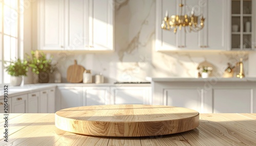 Sunlit wooden board on table, bright elegant white kitchen backdrop