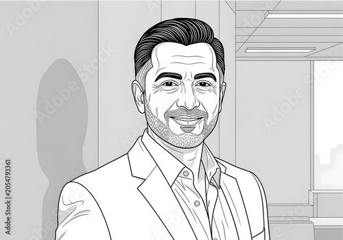 Professional Middle Aged Businessman Portrait Illustration in a Modern Office Setting Featuring a Cheerful Expression