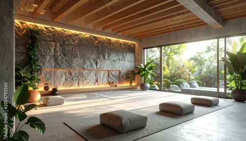 Serene yoga studio with stone wall, wood, plants, garden light