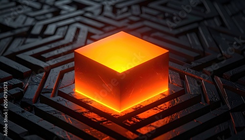 Glowing orange cube above complex dark maze. Modern, futuristic digital art with abstract textures and lighting