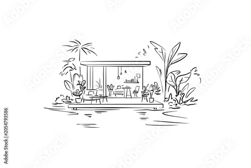 Foto Minimalist Cross-Section of a Modern Floating House on a River
