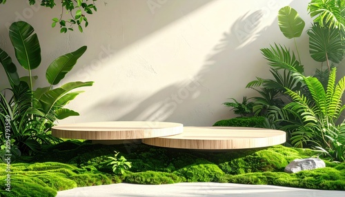 Two natural wood pedestals on moss with lush tropical plants, sun