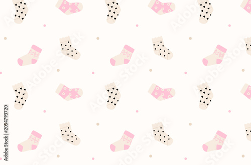 Cute children socks seamless pattern on white background. Repeat texture of small cotton footwear items with hearts flowers and zigzags prints