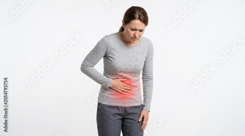 Woman Holding Stomach in Pain Against Plain Background Realistic Medical Image