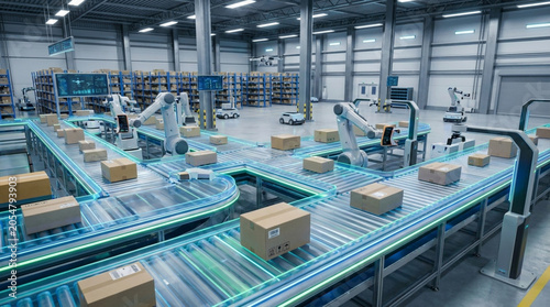Industrial warehouse robot technology system automated storage distribution logistics facility.