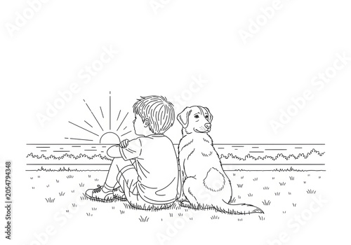 A Young Boy And His Loyal Dog Sitting Together On The Grassy Ground Watching A Beautiful Peaceful Sunset Over The Sea