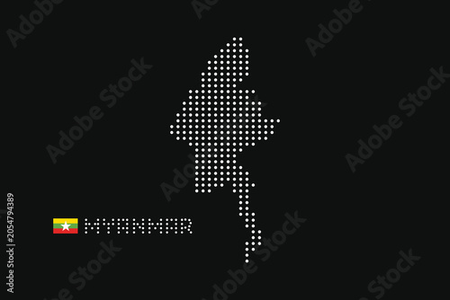 Myanmar dotted map with national flag vector on black background