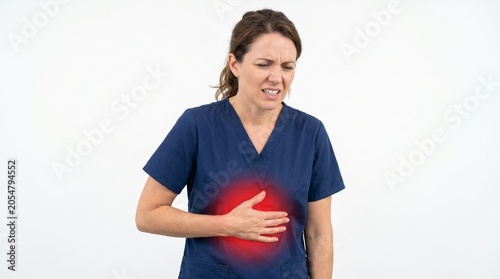 Woman Holding Chest in Pain Against Plain Background Medical Emergency Concept