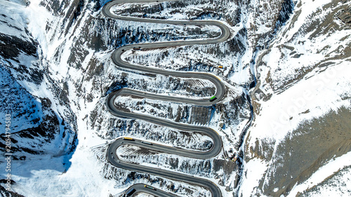 Bild auf Leinwand Los Caracoles highway road near Santiago Chile in aerial view