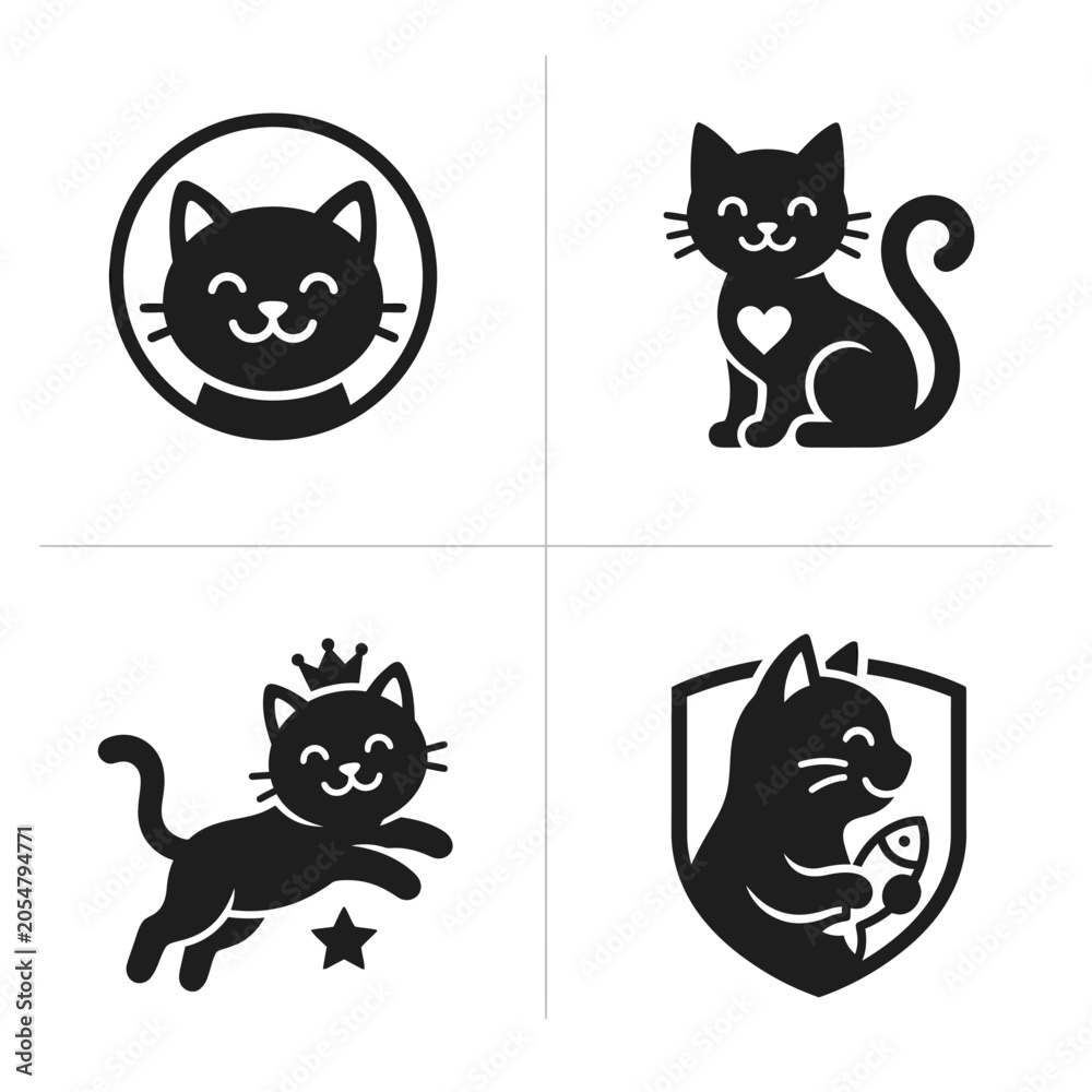 Fototapeta premium Black cat silhouettes in various poses.