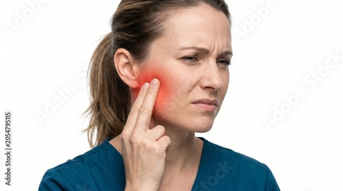 Woman Touching Red Painful Ear in Close-Up Medical Portrait with Concerned Expression