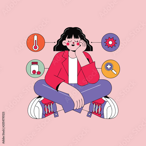 Healthcare Awareness Infographic, Woman with Fever Symptoms, Medication and Medical Examination Icons, Flat Vector Illustration