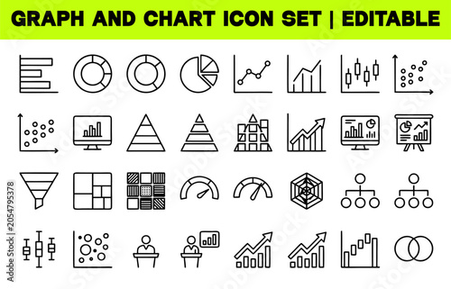 Graph and Chart Icon Set. Business Analytics, Statistics and Data Visualization Editable Line Vector Illustration