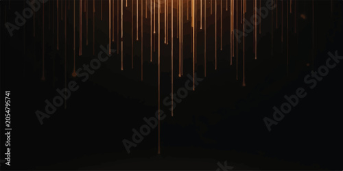 Quadro su tela Abstract golden light rays and glowing particles descending on black background